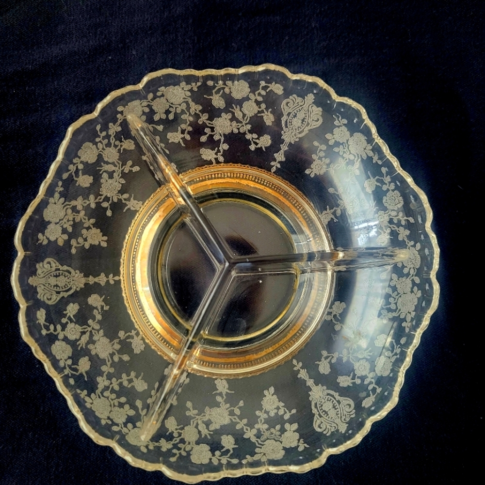 Cambrige glass Rose Point 3 part footed 6 1/2" relish dish Wallace Sterling silv
